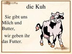 die Kuh Sie gibt uns Milch und Butter, wir geben ihr das Futter. 