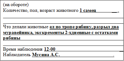 (на обороте)
Количество, пол, возраст животного 1 самец             __ .
__________________________________________________
__________________________________________________
Что делали животные ел по тропе рябину, разрыл два муравейника, экскременты 2-хдневные с остатками рябины____________________________________________.
__________________________________________________
Время наблюдения 12-00                                                     __.
Наблюдатель Мусина А.С.___                                      .


